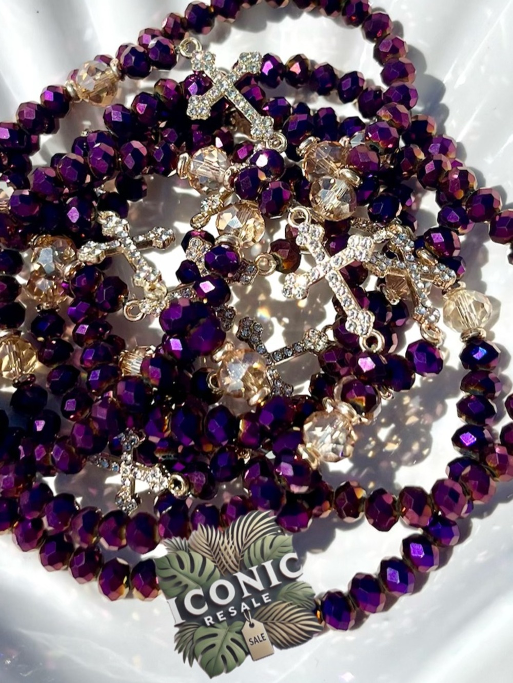 Purple Aurora Borealis Glass Beaded Bracelet With Cross Charm NWOT